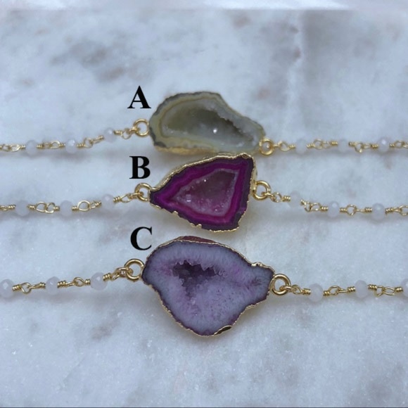 Petite Druzy Geode Chalcedony Gold Chain Necklace - Picture 2 of 6